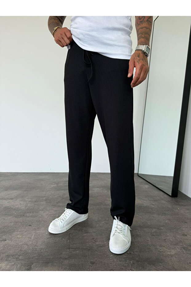 Black Ribbed Baggy Trousers