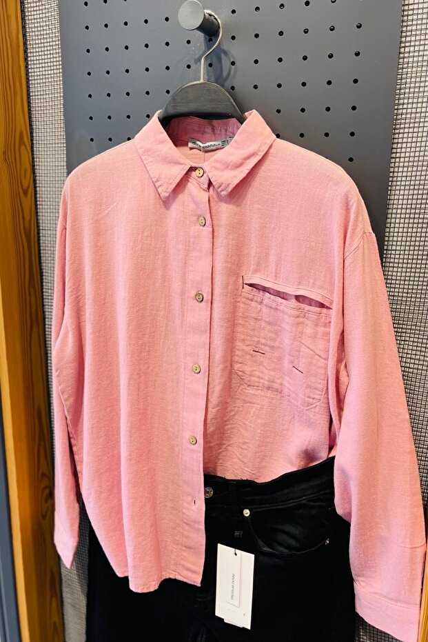 Gül Kurusu Oversize Pamuk Keten Gömlek Tek Cepli Basic - 1