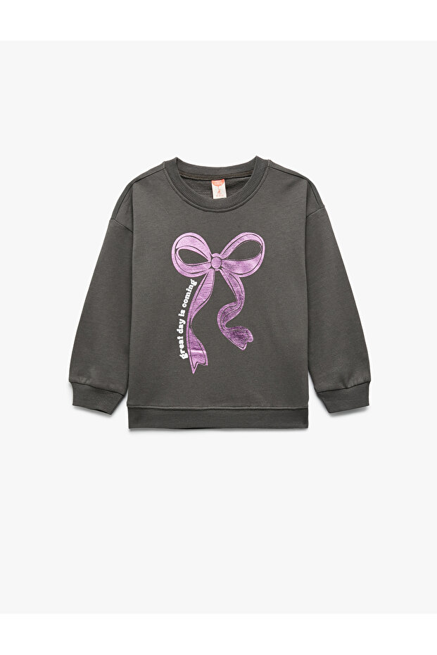 Long Sleeve Raised Crew Neck Bow Printed Sweatshirt