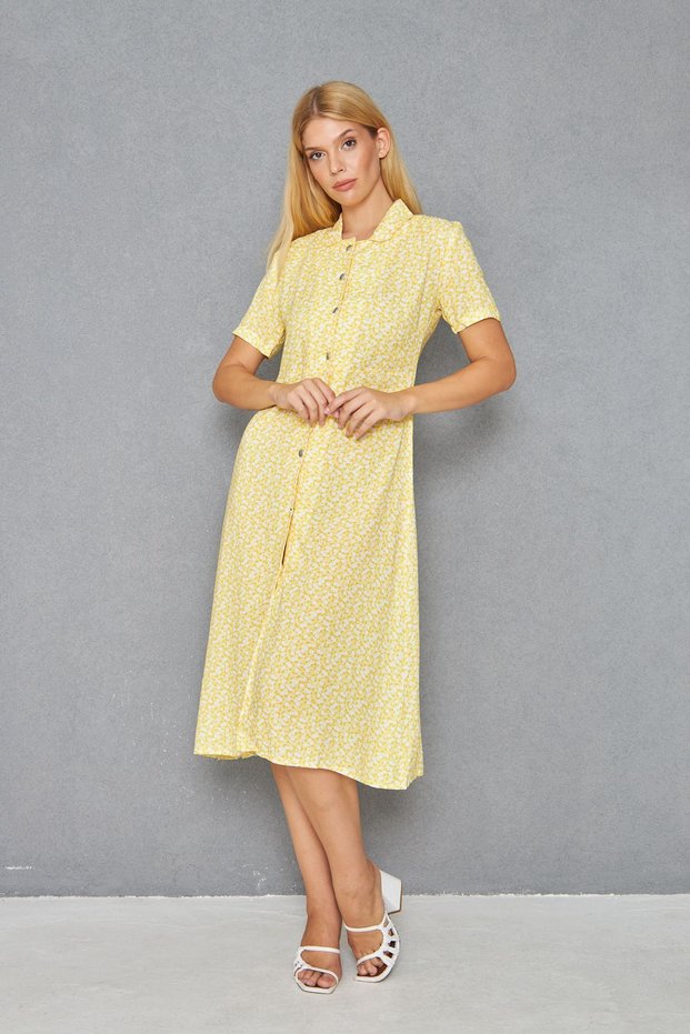 Women's Yellow Floral Buttoned Short Sleeve Dress