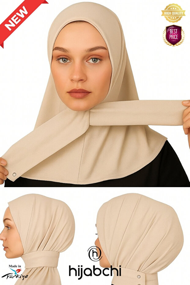 Snap Fastener Sport Hijab - Practical Snap Fastener Headscarf - Pool and Beach Headscarf - Beige