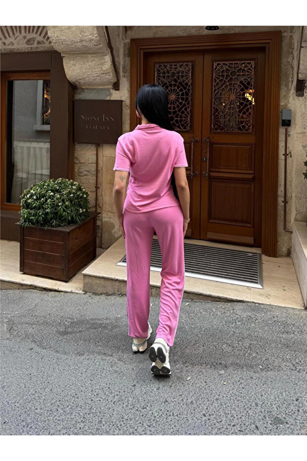 Pink Polyester Elastane Polo Neck Suit - 2