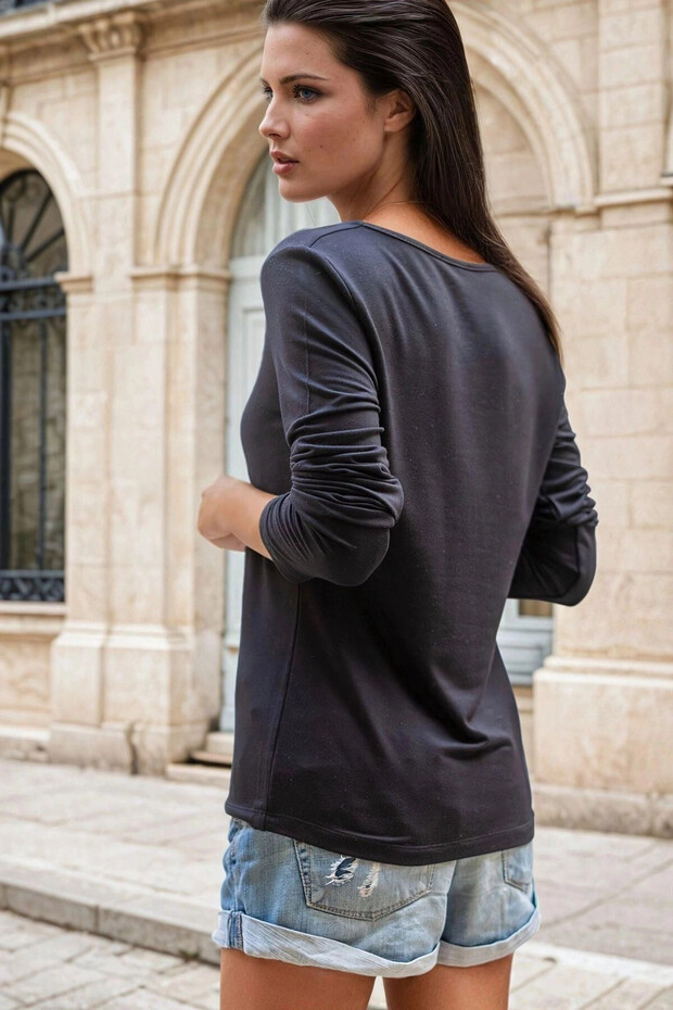 رقبة مربعة سوداء، كم طويل، بلوزة أساسية - 2