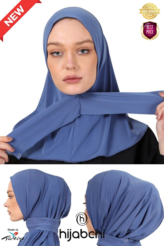 Snap Fastener Sport Hijab - Practical Snap Fastener Headscarf - Pool and Beach Headscarf - Indigo