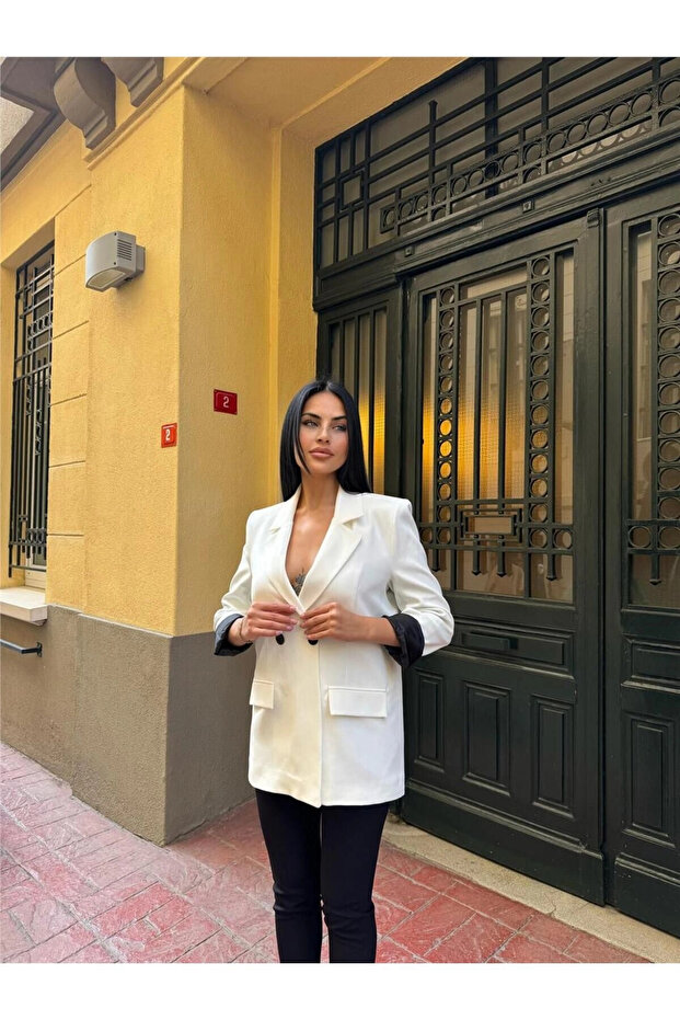 سترة بأزرار من الكتان والبوليستر الأبيض - 2