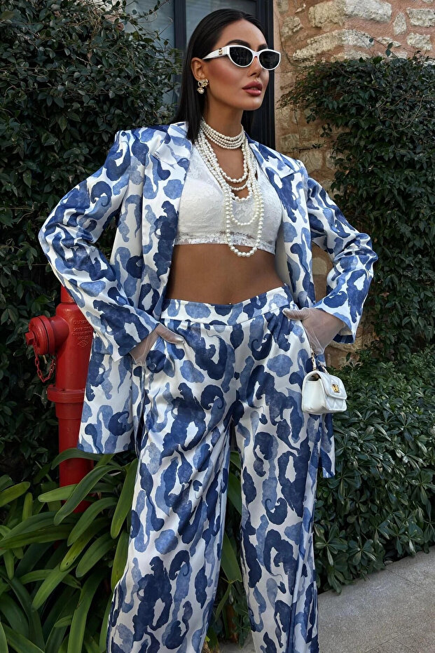 Women's Multi Patterned Satin Jacket Collar Long Sleeve Suit