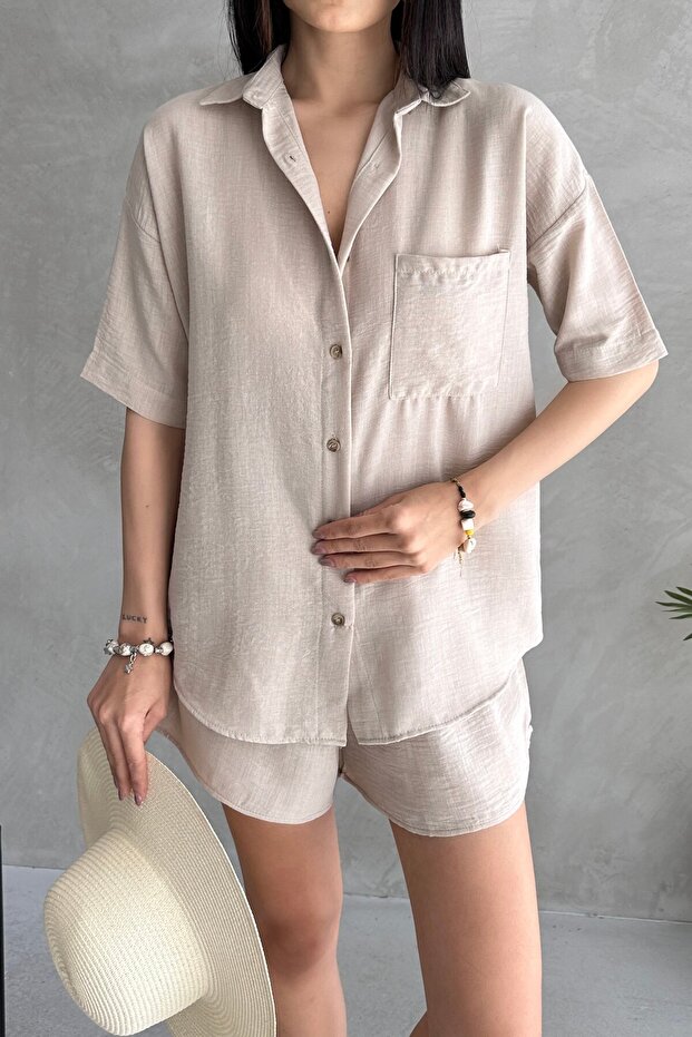 Aerobin Keten Kısa Kol Gömlek Ve Şort Alt Üst Takım - 3