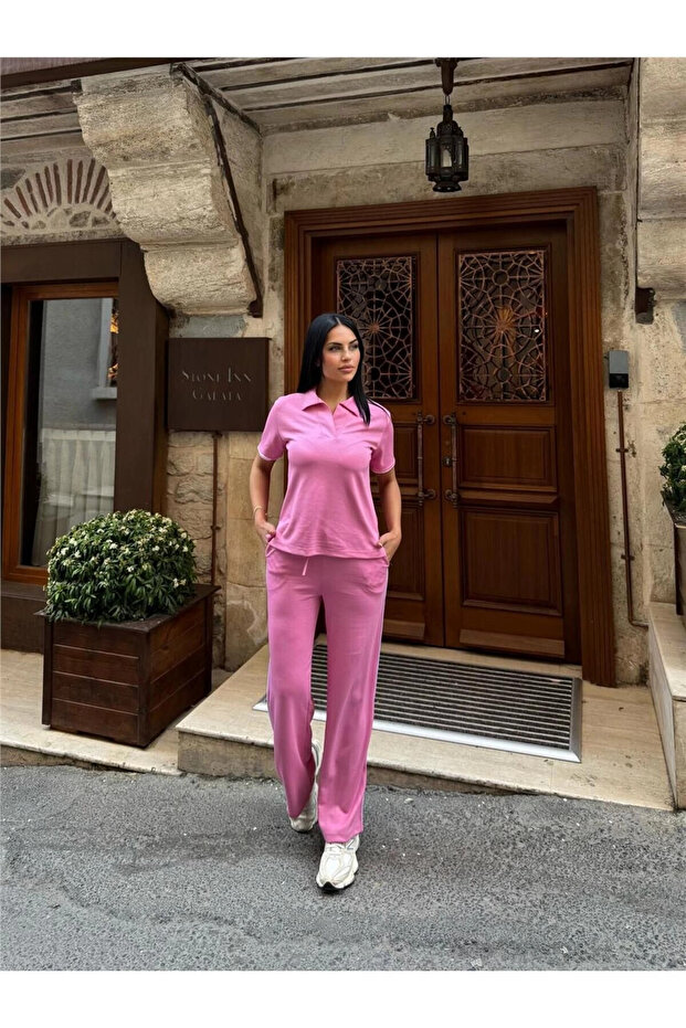 Pink Polyester Elastane Polo Neck Suit - 3