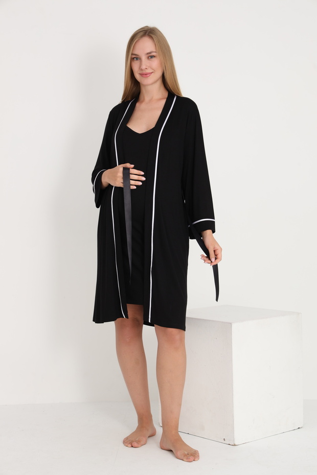 Striped Detail Midi Length Strappy Maternity and Postpartum Robe Nightdress Set