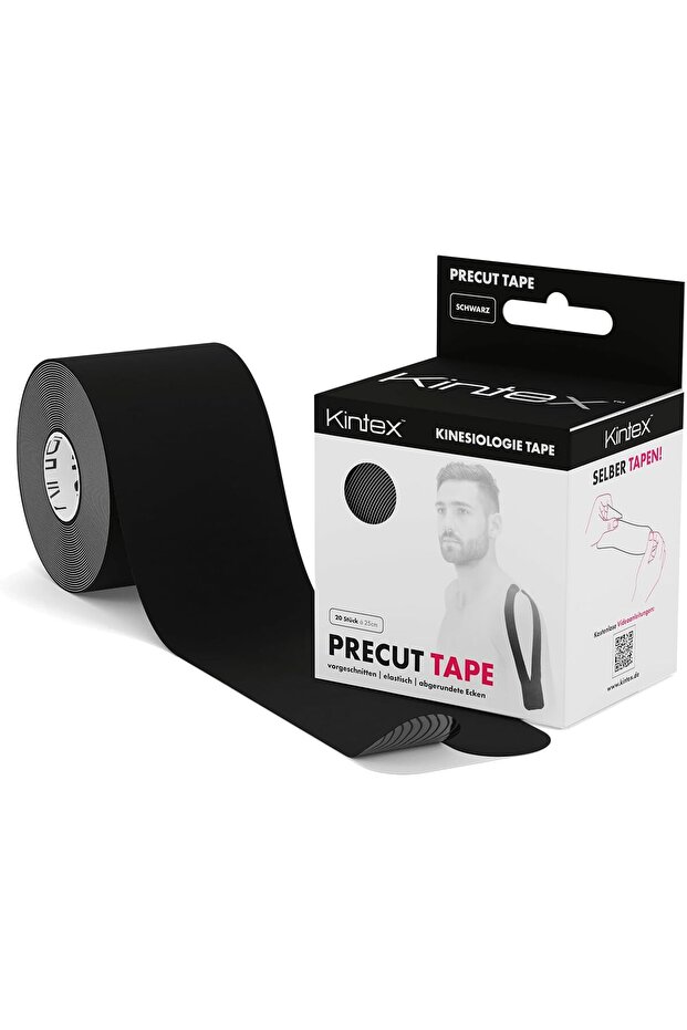 PreCut Kinesiology Sports Tape 25 cm x 5 cm - Muscle Support & Recovery, 20 Strips, Black