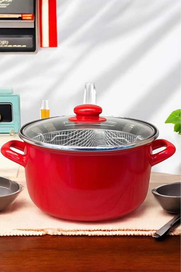 Crispy Frying Pan with Fryer 22 cm 3 Pieces Red