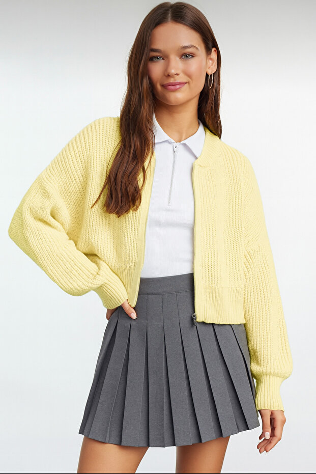 Kadın Sarı Basic Fermuarlı Triko Hırka - 1