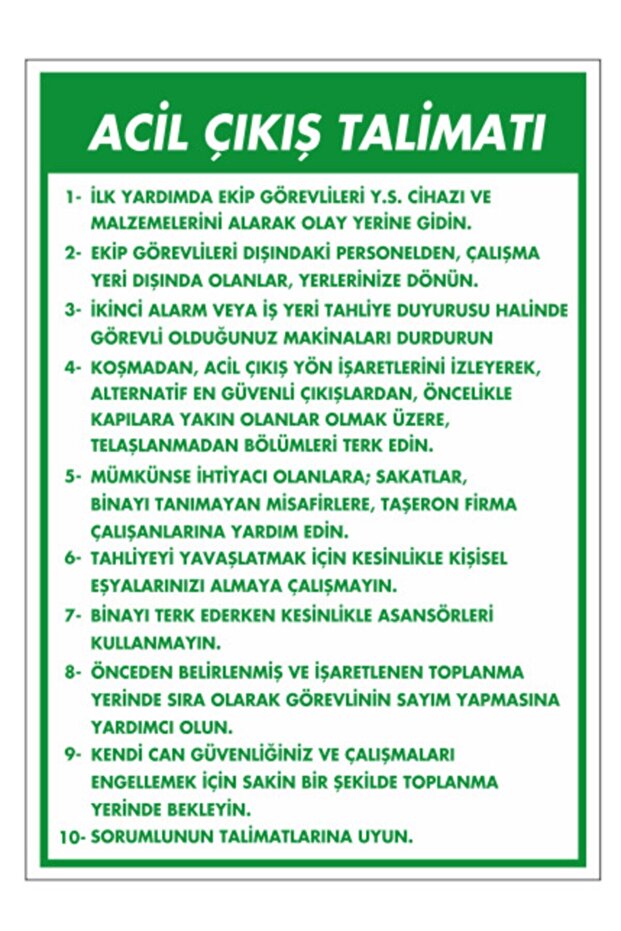 Acil Çıkış Talimatı Uyarı Levhası - 1