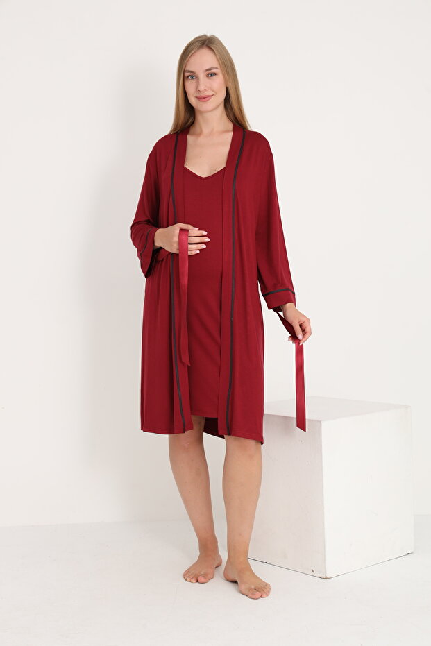 Striped Detail Midi Length Strappy Maternity and Postpartum Robe Nightdress Set