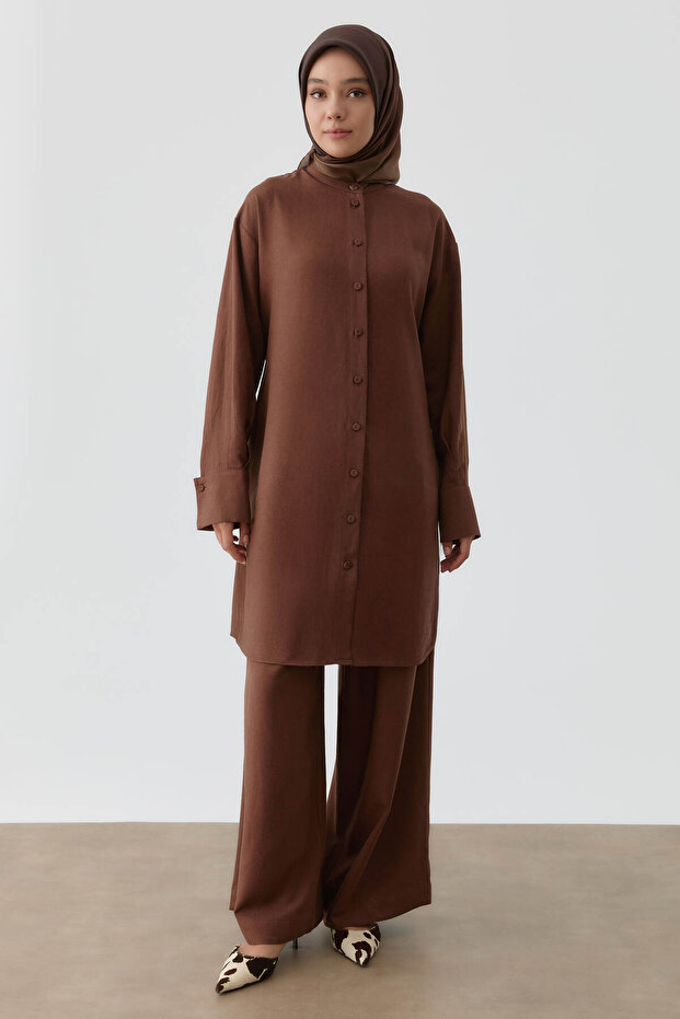 Pileli Keten Pantolon - Acı Kahve - 1