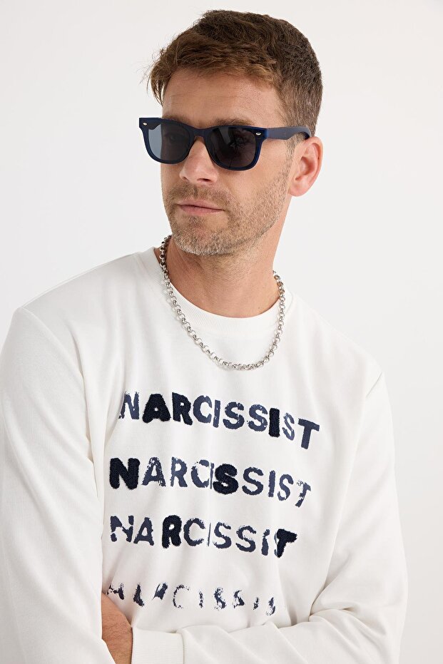 Unisex Oversize Wide Cut Cotton Soft Textured Crew Neck Printed Ecru Sweatshirt with Fleece Inside