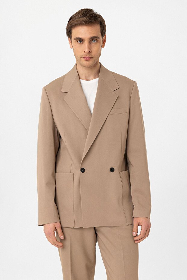 Beige Relax Fit Double Breasted Closure Men's Technical Blazer Jacket