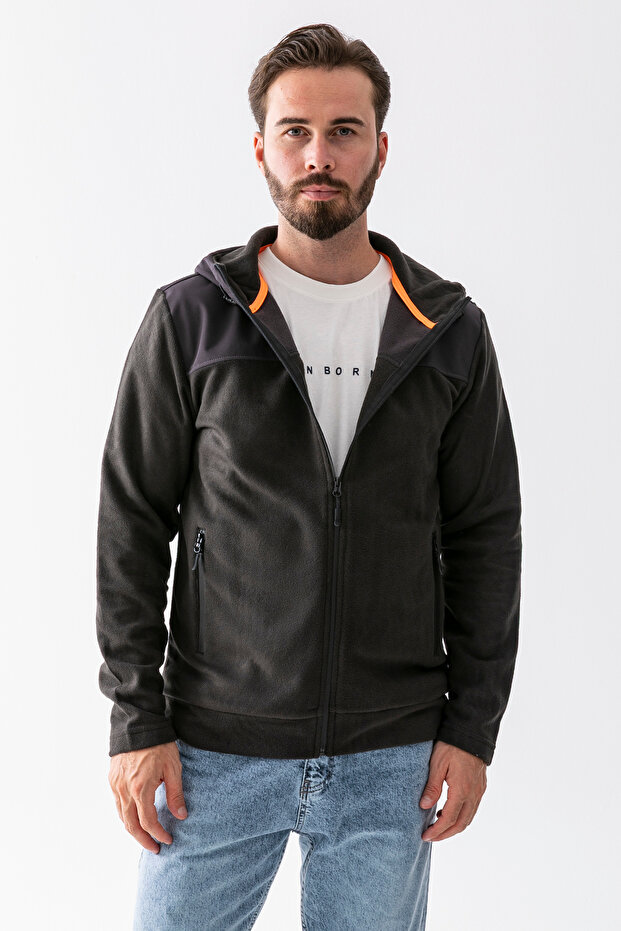 Men's Hooded Zippered Double Pocket Fleece Anthracite - 25K 6044