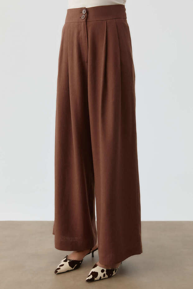Pileli Keten Pantolon - Acı Kahve - 4