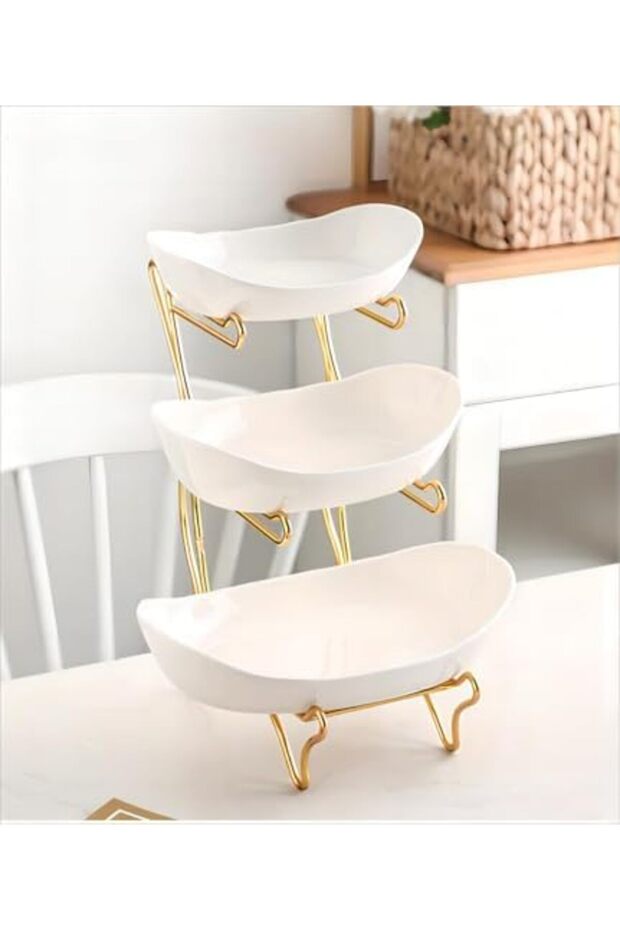 Fruit Bowl Basket for Kitchen Counter, Multifunctional Ceramic Serving Bowls with Metal Stand (Ceram