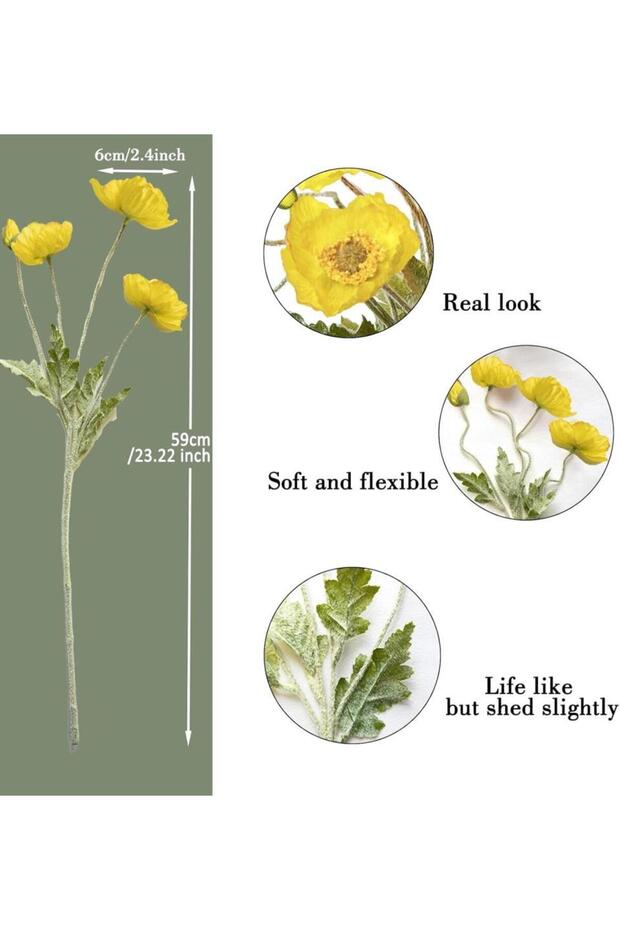Yapay Çiçek Gelincik Çiçeği Sarı Renk 3 Çiçek 1 Tomurcuk 59Cm - 6