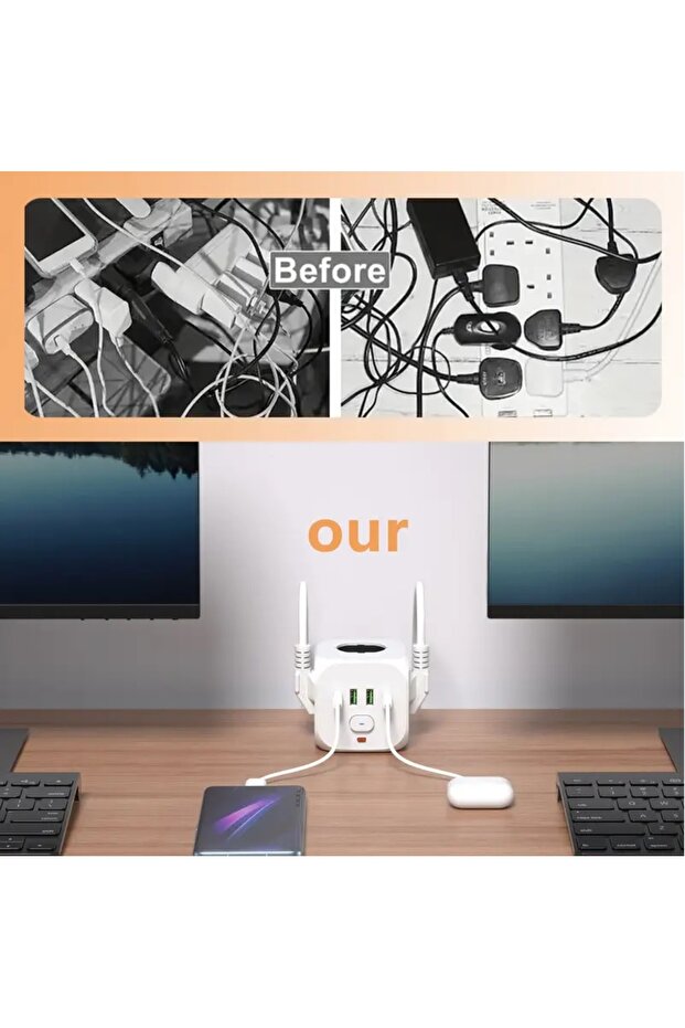 7 in 1 Cordless Portable Wall Power Cube, Power Station with 3 AC Outlets and 4 USB Ports, (EU Plug) - 6