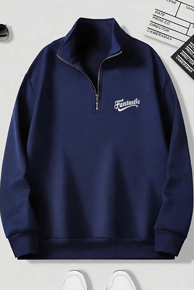 Navy Blue Zippered Dikyaka Sweatshirt - Fantastic Printed - Winter Hooded Fabric