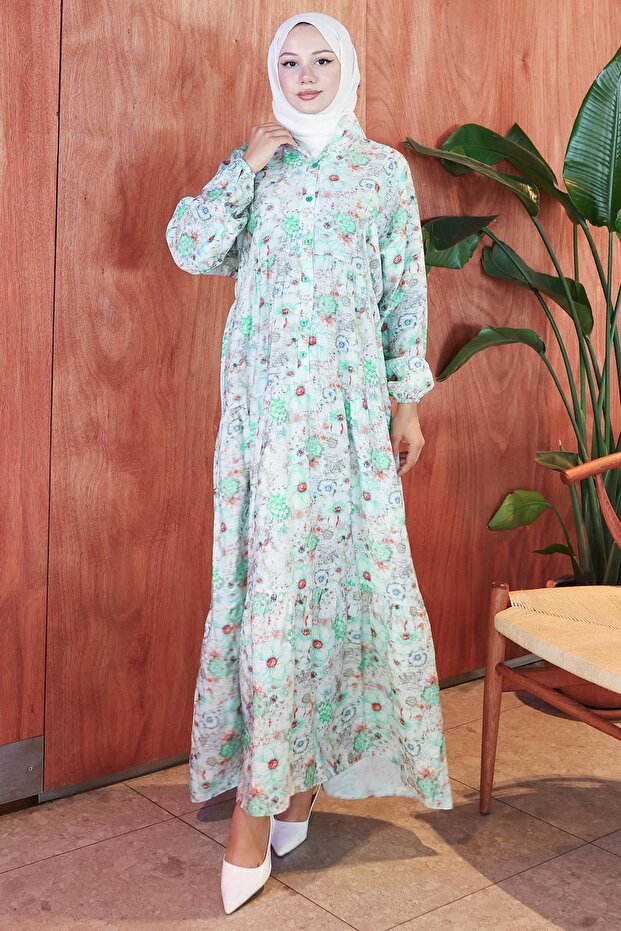 Floral Patterned Modal Dress Mint Hm2797