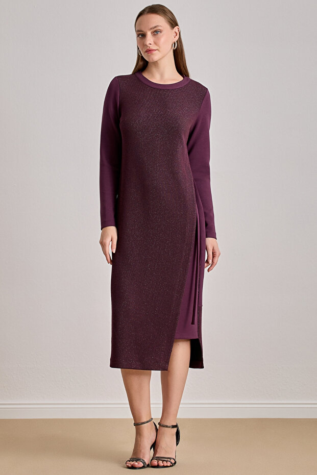 Midi Bordo Simli Elbise - 1