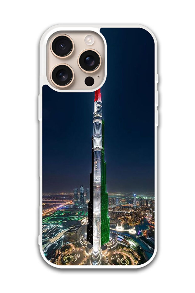 Protective Case Cover For APPLE IPHONE 16 Pro Burj Khalifa UAE Flag (White Bumper)