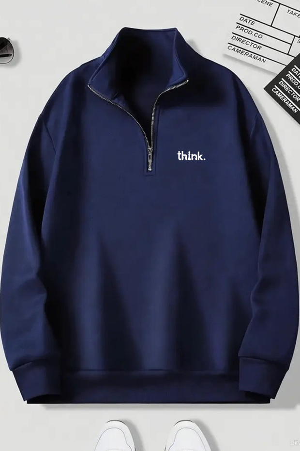 Navy Blue Zippered Dikyaka Sweatshirt - Thi̇nk Printed - Winter Hooded Fabric