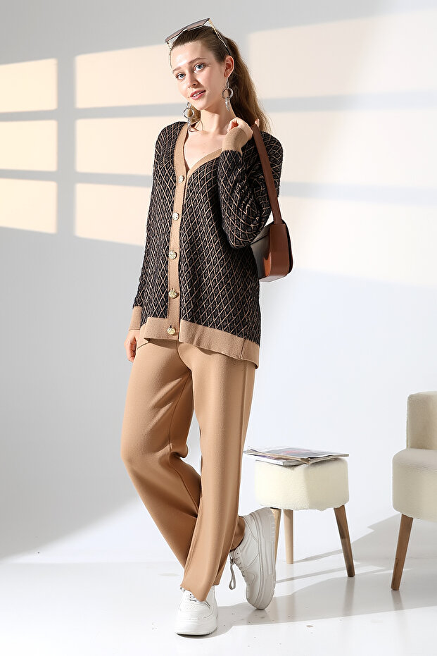 V-Neck Long Sleeve Jacquard Panel Button Soft Textured Cardigan Straight Pipe Leg Pants Double Knitwear Suit