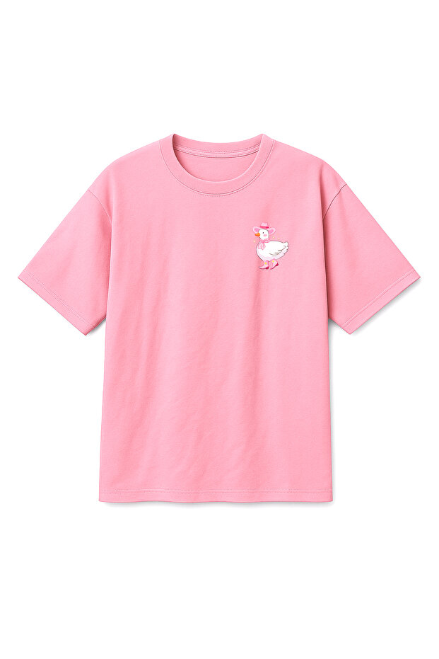 Oversize Pink Unisex Duck Printed T-Shirt T-Shirt