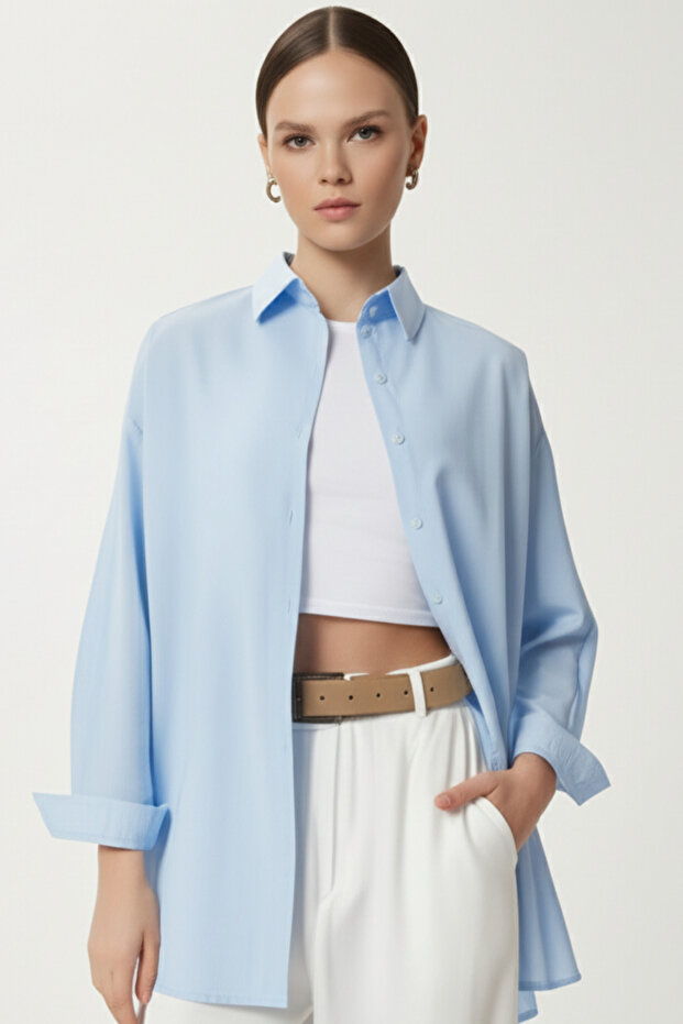 Mavi – Kadın Oversize Uzun Basic Gömlek - 1