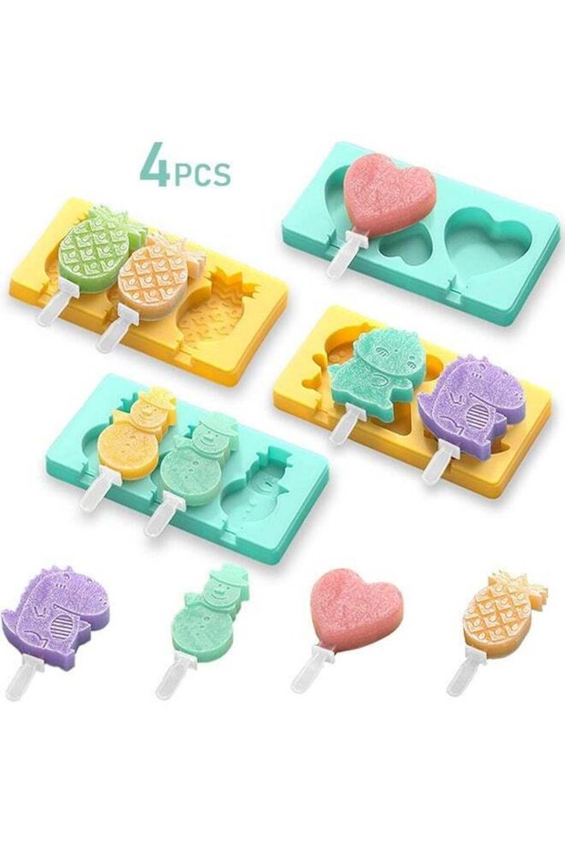 4 Set Kids Cartoon Popsicle Molds, 10-Cavity Food-Grade Silicone Ice Pop Cream Molds, with Reusable