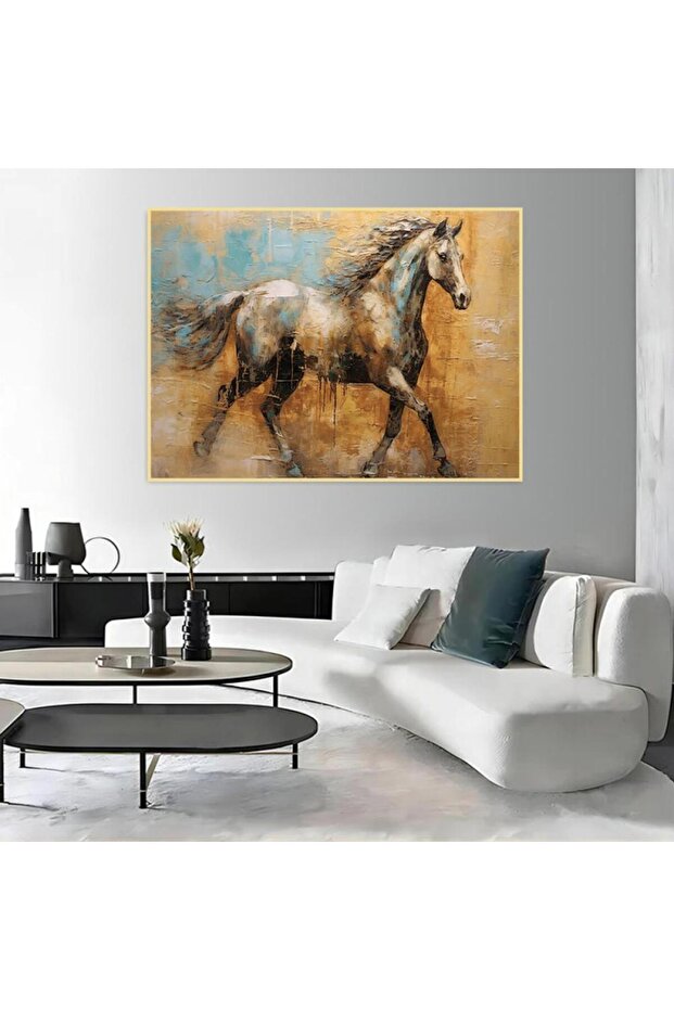 لوحة جدارية قماشية كانفس تصميم حصان عربي بإطار مجوف إطار بني، 60×90 سم