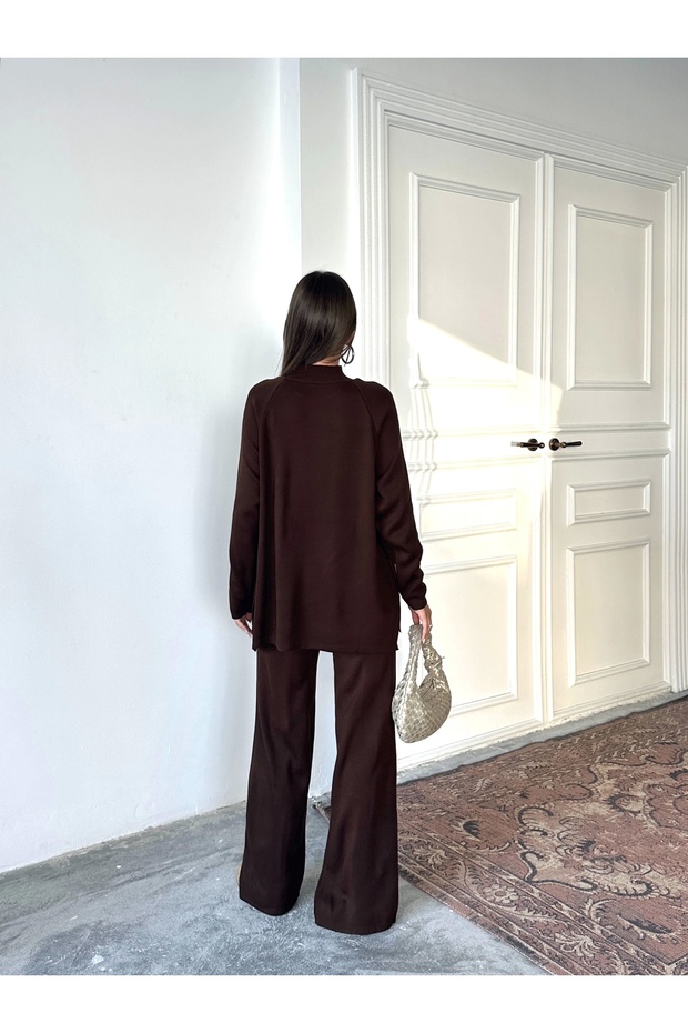 Women's Half Turtleneck Sweater Pants Bottom Top Knitwear Set - Brown (New Color) - 2