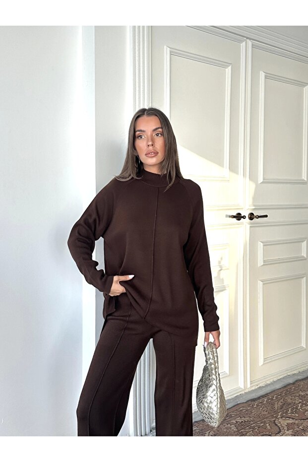 Women's Half Turtleneck Sweater Pants Bottom Top Knitwear Set - Brown (New Color) - 1