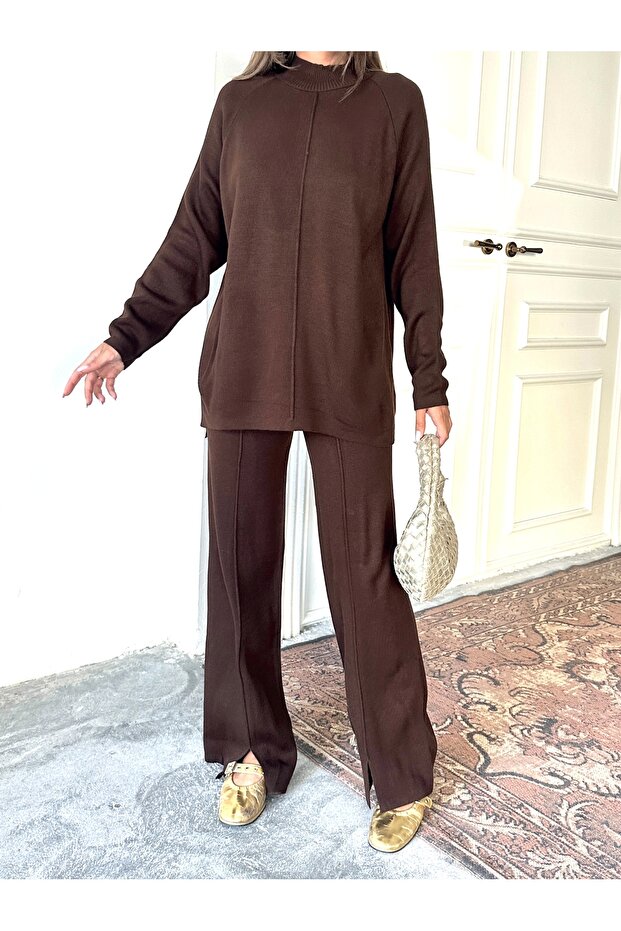 Women's Half Turtleneck Sweater Pants Bottom Top Knitwear Set - Brown (New Color) - 5