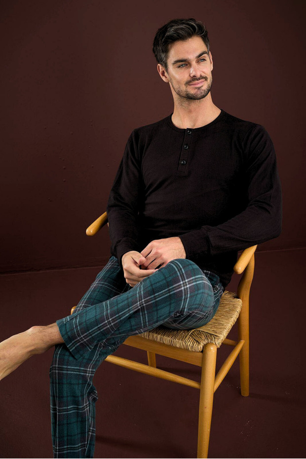Men's Winter Thermal Pajama Set - Warm Button-Down Top and Plaid Bottom