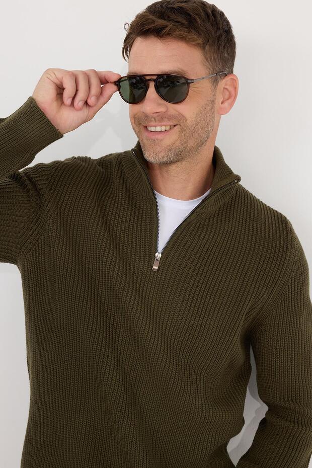 Men's Slim Fit Slim Fit Zippered Khaki Stand Collar Knitwear Sweater