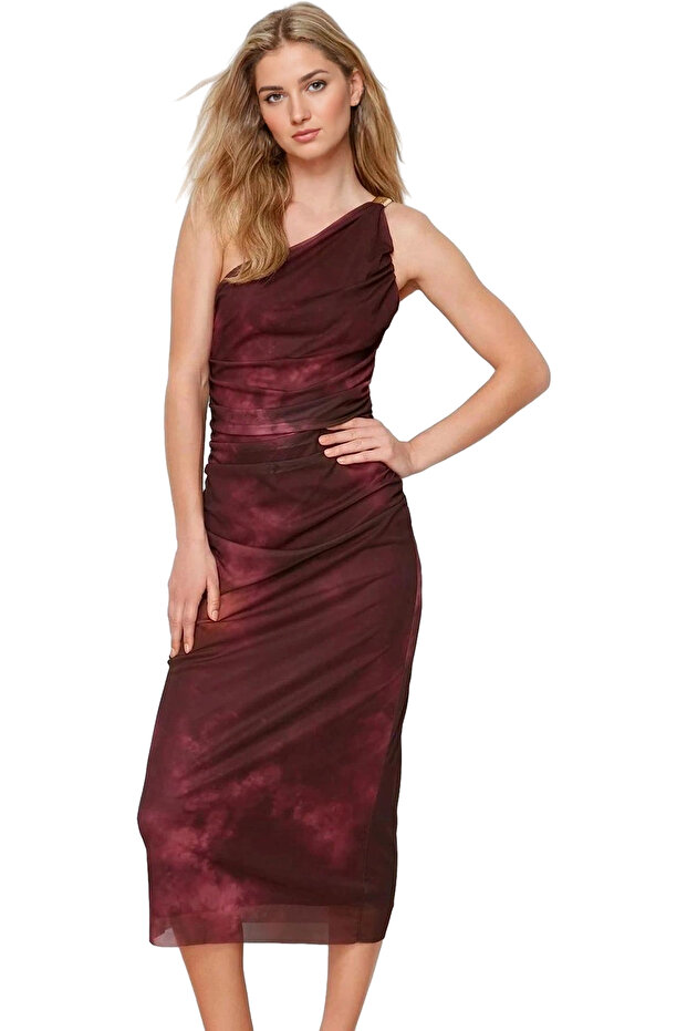Women's One Shoulder Midi Dress Knitted Tulle Fabric Modern Style Evening Invitations Summer Months Indispensable