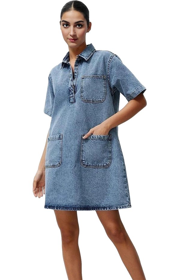 Women's Denim Shirt Dress Short Sleeve Mini Length Cotton Daily Use Summer Indispensable