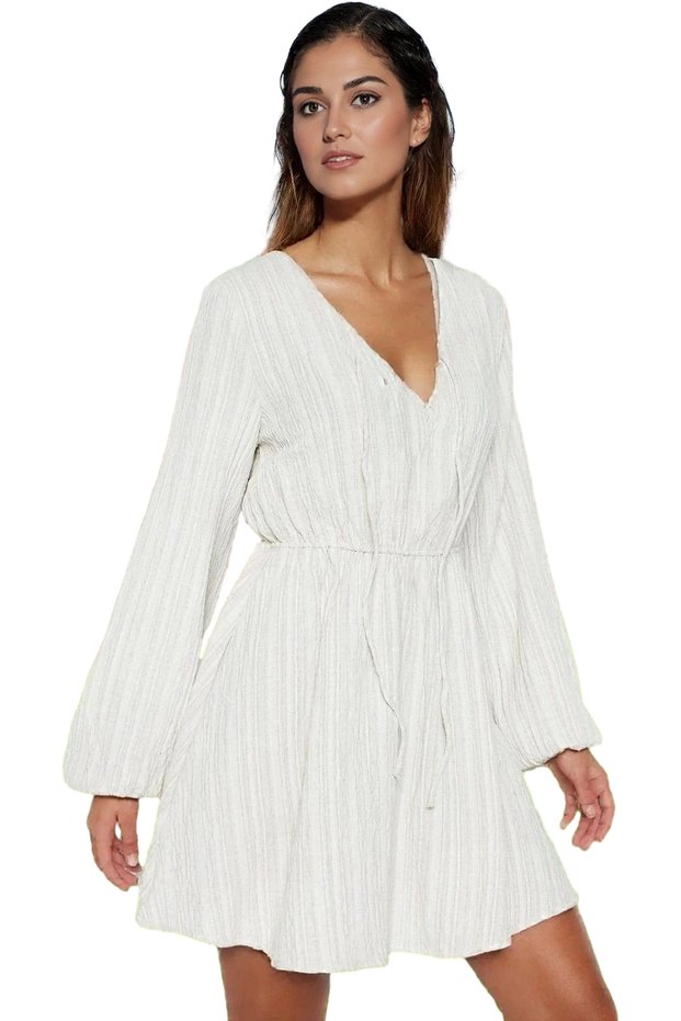 Women's Mini Beach Dress Linen Blend Long Sleeve V Neck Summer Casual Summer's Must Have