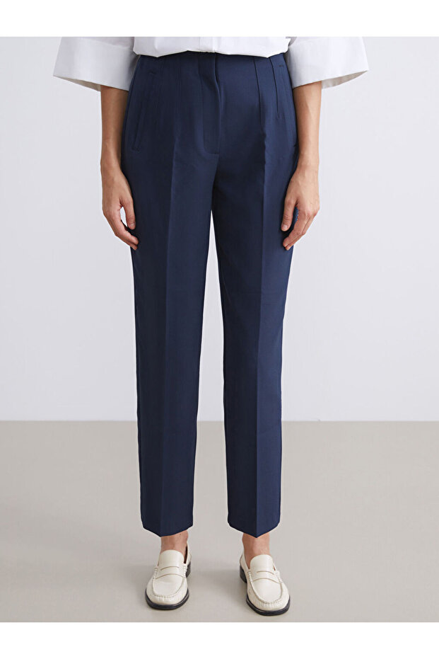 Lacivert Yüksek Bel Cigarette Pileli Kadın Pantolon - 2