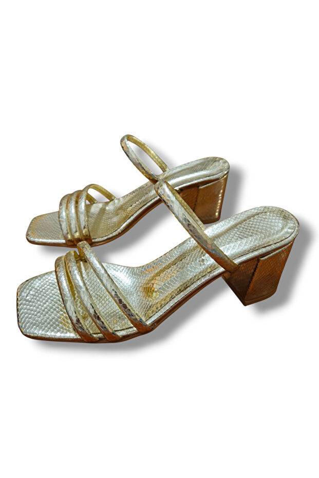 Women's Gold Color Thick Heeled Mirror Slippers