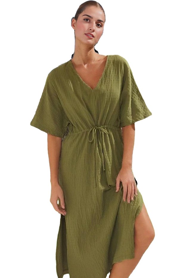 Women's Muslin Beach Dress V-Neck Raglan Sleeve Midi Length Cotton Summer Summer Indispensable