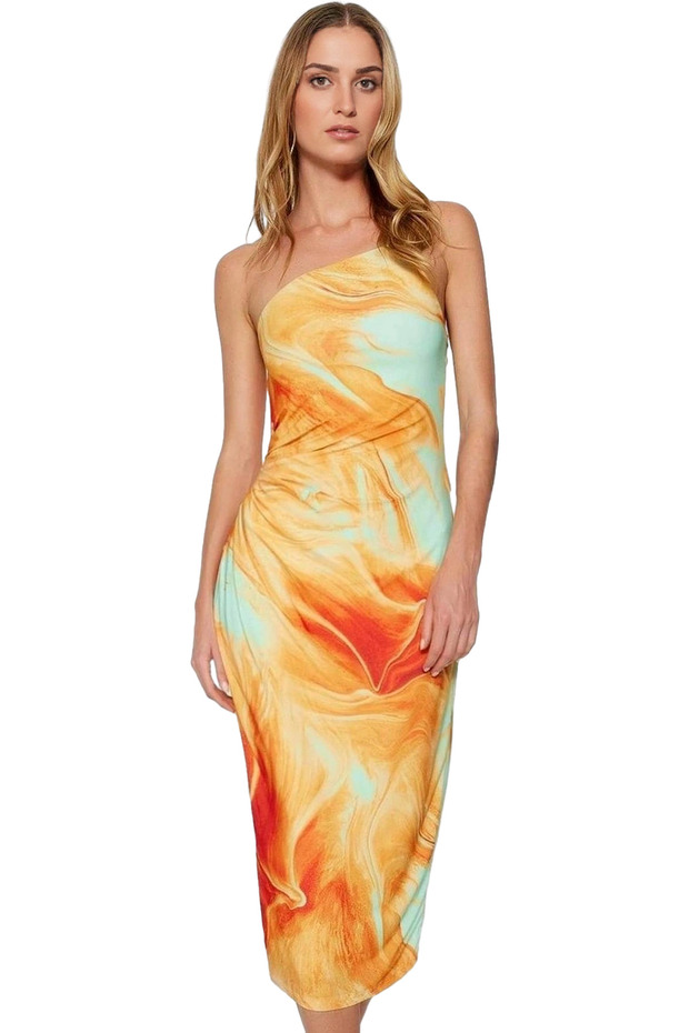 Women's Midi Length One Shoulder Dress Patterned Comfortable Fit Daily and Special Occasions Quality Material