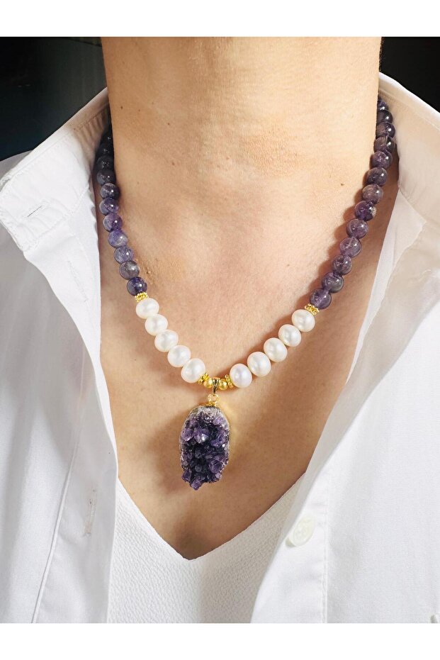 Real Pearl and Amethyst Natural Stone Necklace 48 cm