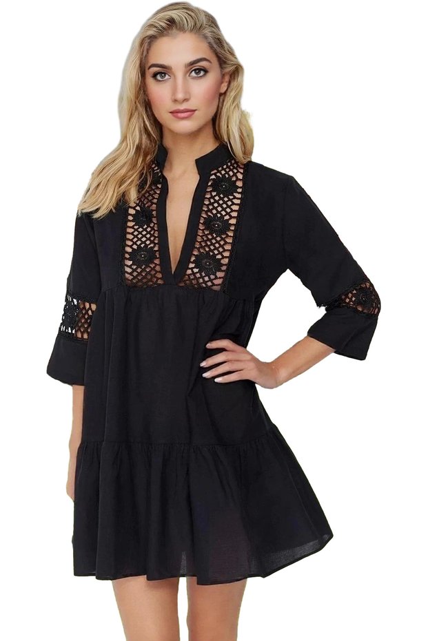 Women's Mini Beach Dress V Neck Lace Detail Cotton Summer Casual Modern Design